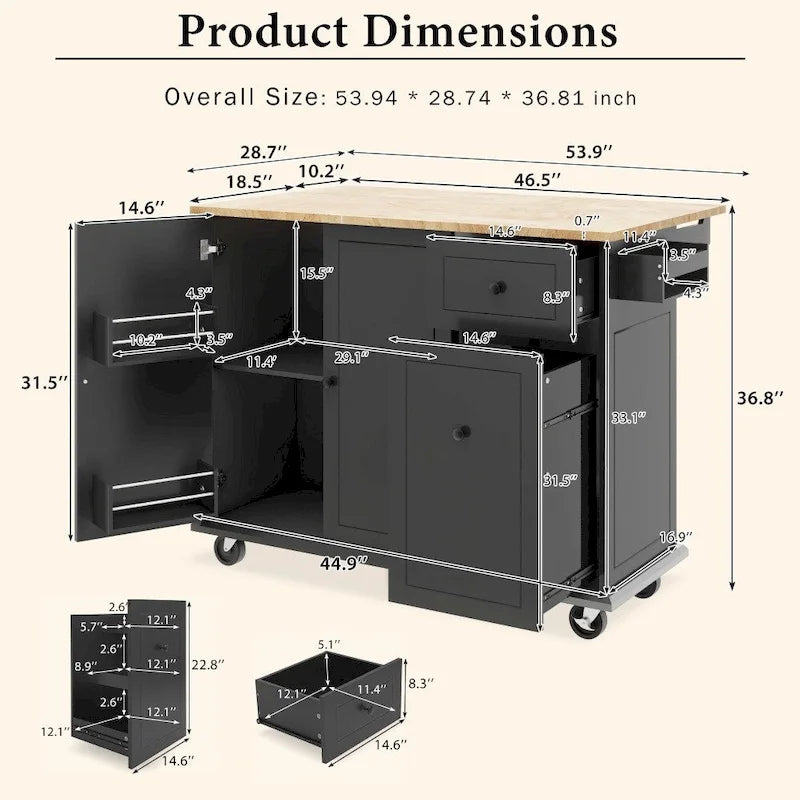 Kitchen Island on Wheels with Drop Leaf and 3 Tier Pull Out Organizer
