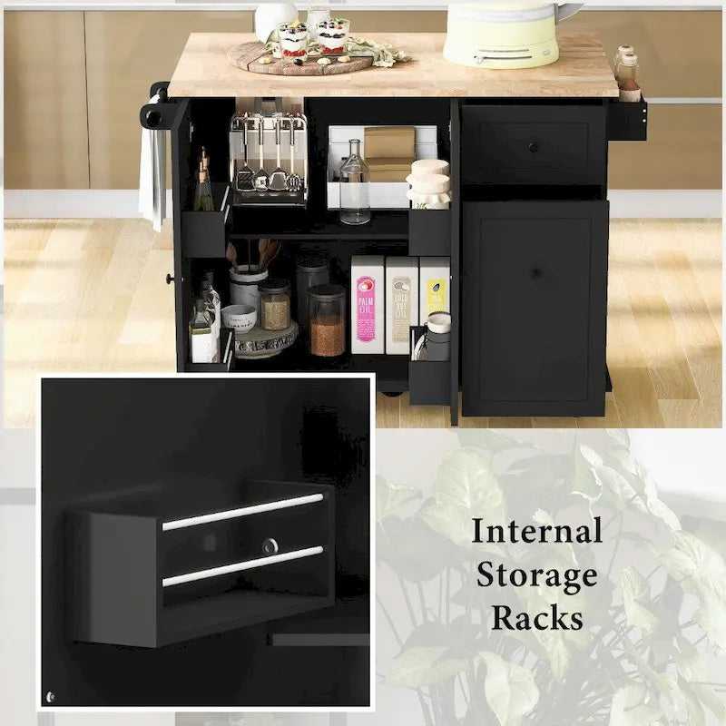 Kitchen Island on Wheels with Drop Leaf and 3 Tier Pull Out Organizer