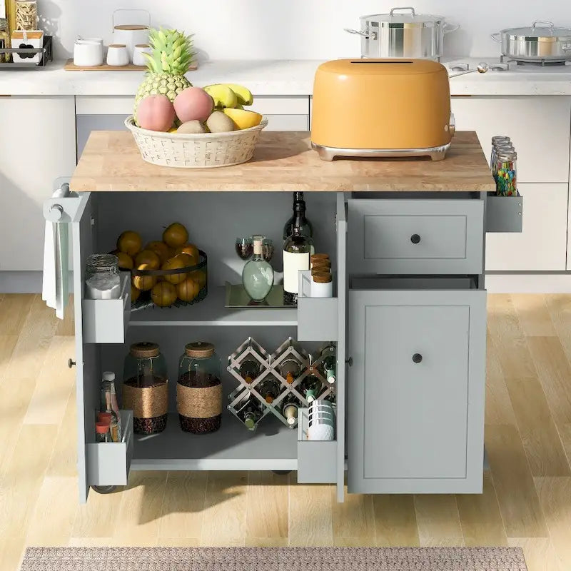 Kitchen Island on Wheels with Drop Leaf and 3 Tier Pull Out Organizer