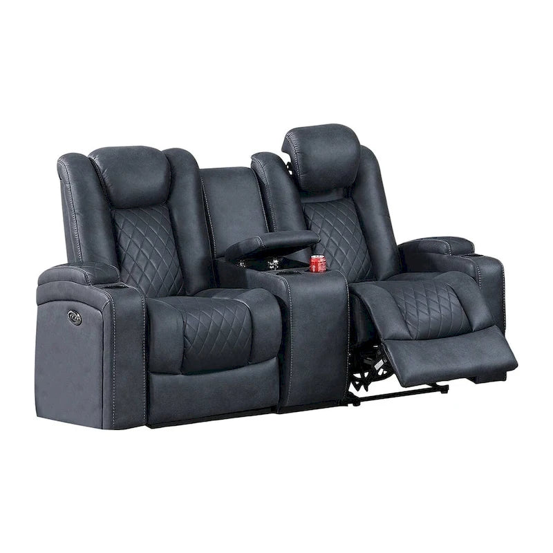 Elva 72 Inch Power Reclining Loveseat, Lift Top Storage Console, Blue