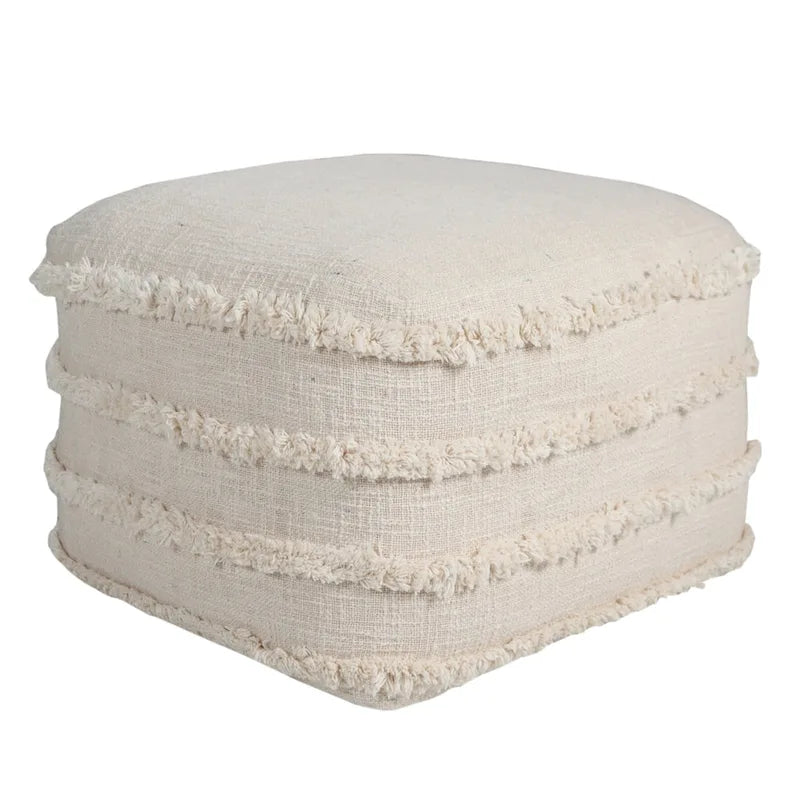 HomeRoots 18 Cream Cotton Tufted Cube Striped Pouf Ottoman