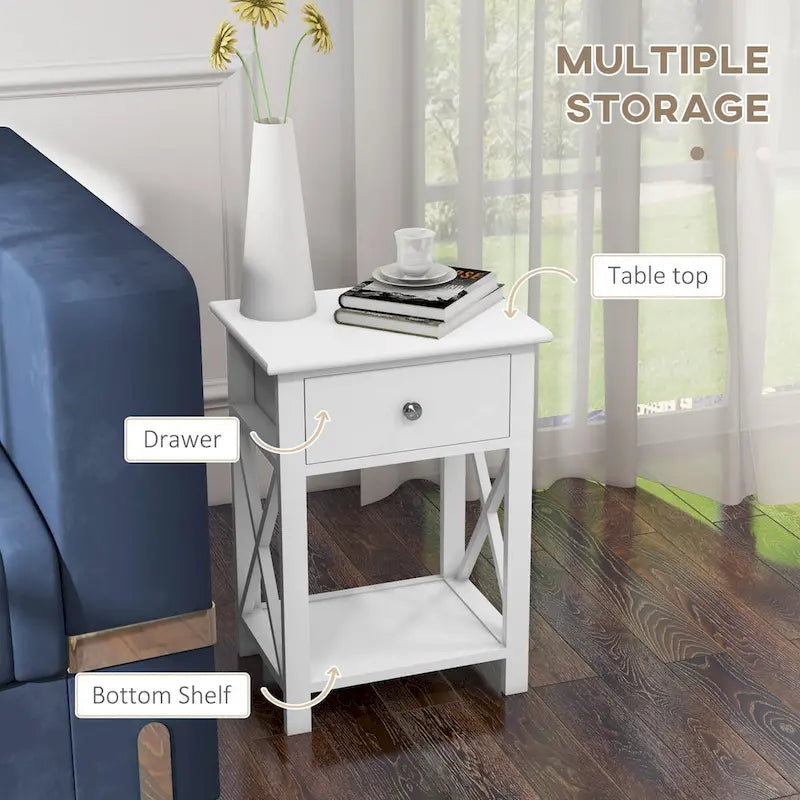 Side Table, Farmhouse End Table With Storage Drawer, Open Shelf And X-Frame