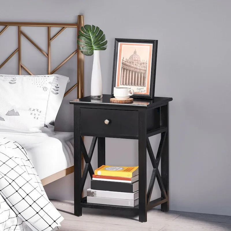 Side Table, Farmhouse End Table With Storage Drawer, Open Shelf And X-Frame