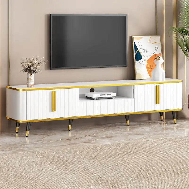 TV Stand with Open Storage Shelf for TVs Up to 85,with Cabinets and Drawers, Practical Media Console with Unique Legs