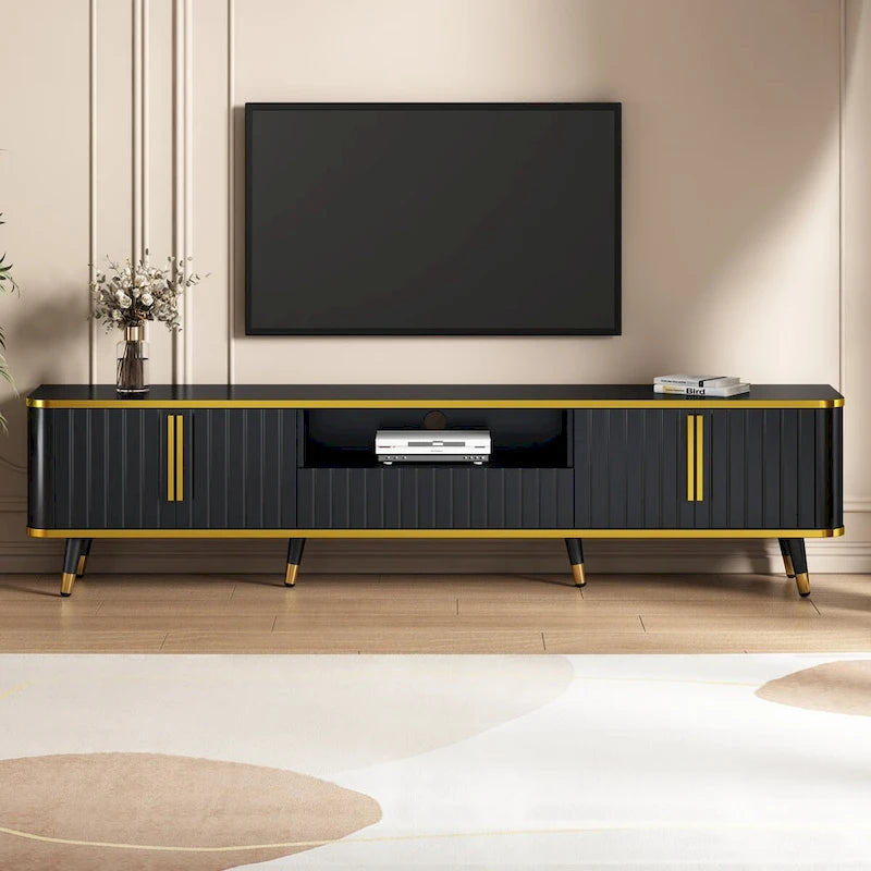 TV Stand with Open Storage Shelf for TVs Up to 85,with Cabinets and Drawers, Practical Media Console with Unique Legs