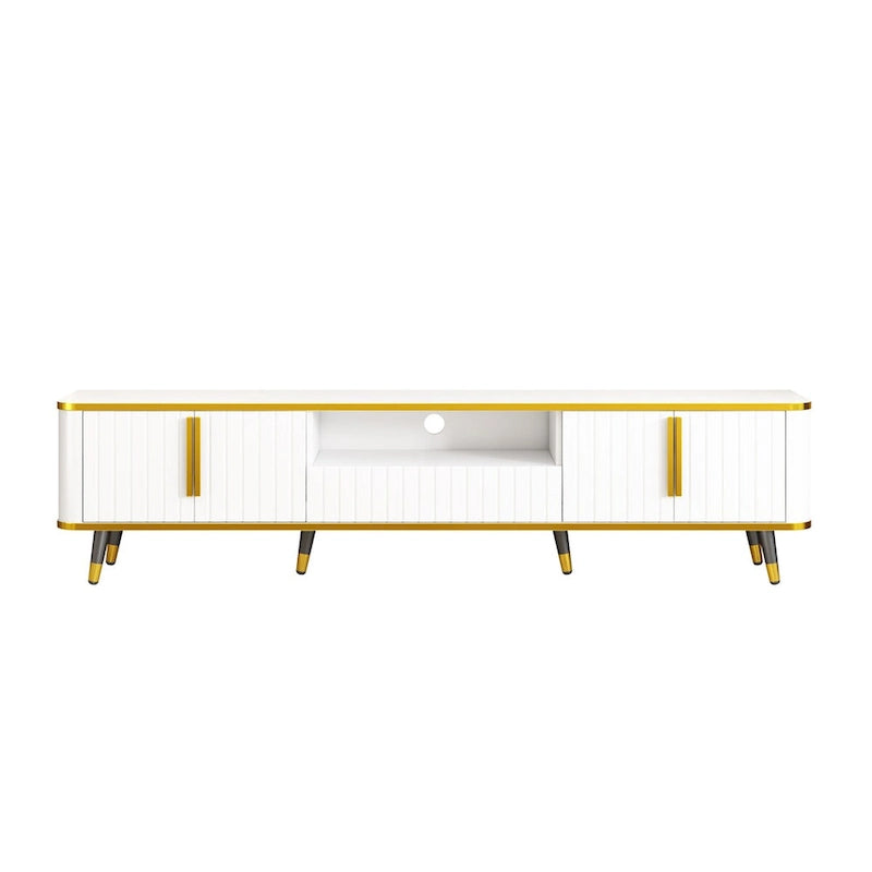 TV Stand with Open Storage Shelf for TVs Up to 85,with Cabinets and Drawers, Practical Media Console with Unique Legs