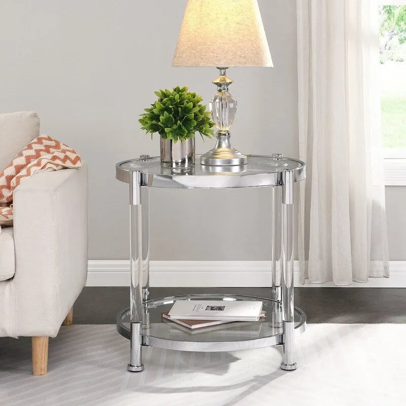 Grondin Modern Contemporary 2-Tier Tempered Glass Top End Table Side Table with Steel and Acrylic Frame