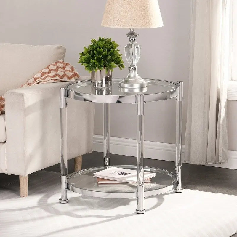 Grondin Modern Contemporary 2-Tier Tempered Glass Top End Table Side Table with Steel and Acrylic Frame