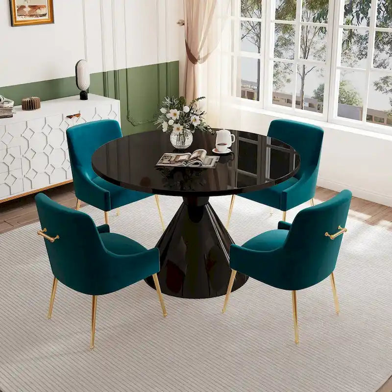 48 Light Luxury Black High Gloss Large Countertop Dining Table with Velvet Dining Chair Set