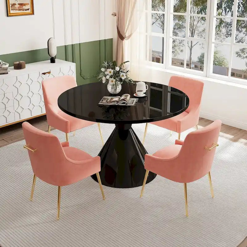 48 Light Luxury Black High Gloss Large Countertop Dining Table with Velvet Dining Chair Set