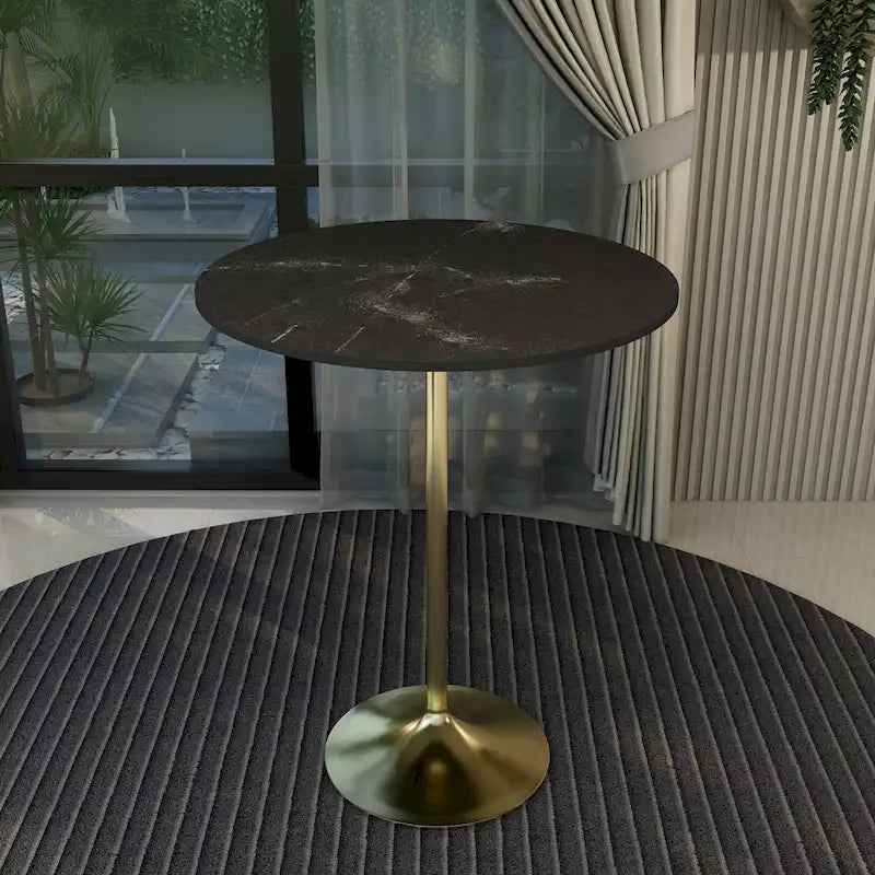LeisureMod Verve 36 Round Dining Table with MDF Wood TableTop and Brushed Gold Base for Kitchen & Dining Room