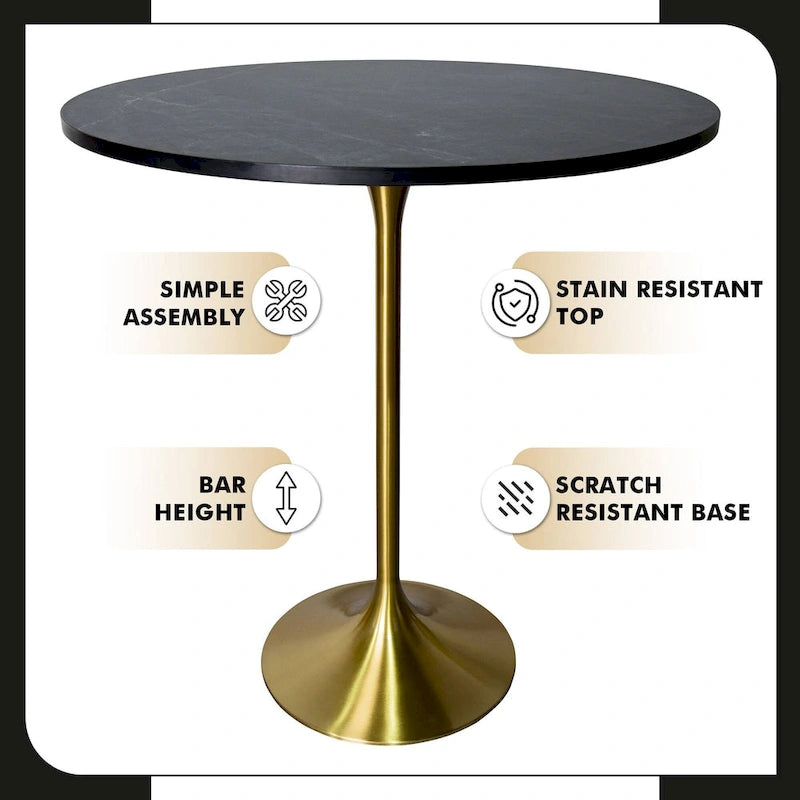 LeisureMod Verve 36 Round Dining Table with MDF Wood TableTop and Brushed Gold Base for Kitchen & Dining Room