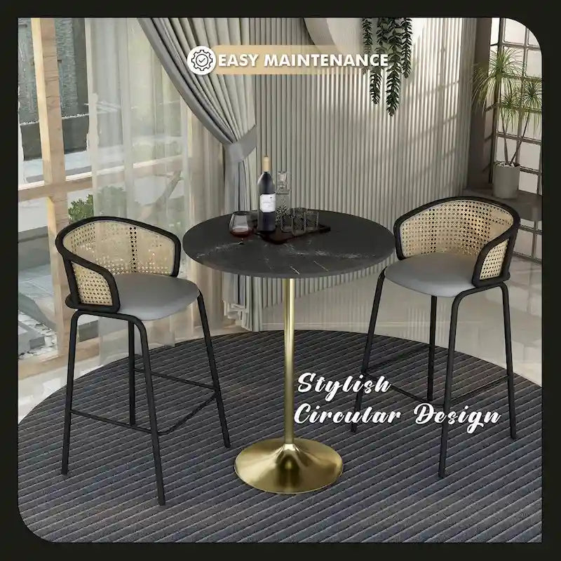 LeisureMod Verve 36 Round Dining Table with MDF Wood TableTop and Brushed Gold Base for Kitchen & Dining Room