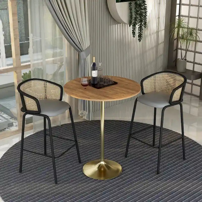 LeisureMod Verve 36 Round Dining Table with MDF Wood TableTop and Brushed Gold Base for Kitchen & Dining Room