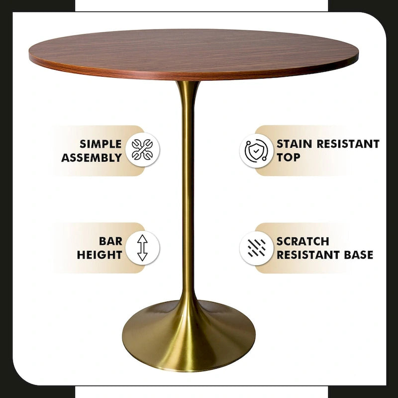 LeisureMod Verve 36 Round Dining Table with MDF Wood TableTop and Brushed Gold Base for Kitchen & Dining Room