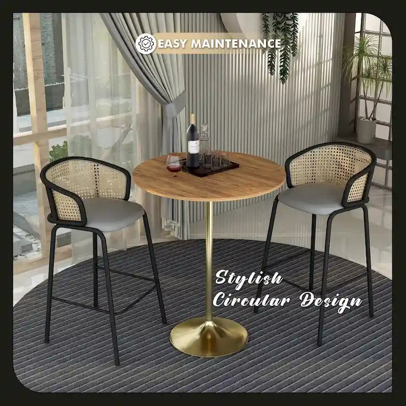 LeisureMod Verve 36 Round Dining Table with MDF Wood TableTop and Brushed Gold Base for Kitchen & Dining Room