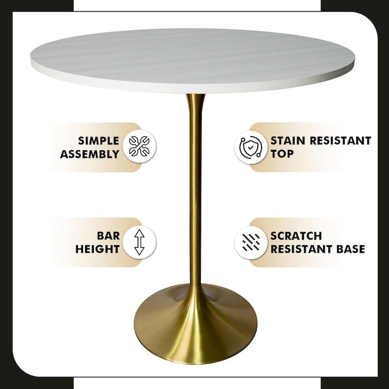 LeisureMod Verve 36 Round Dining Table with MDF Wood TableTop and Brushed Gold Base for Kitchen & Dining Room