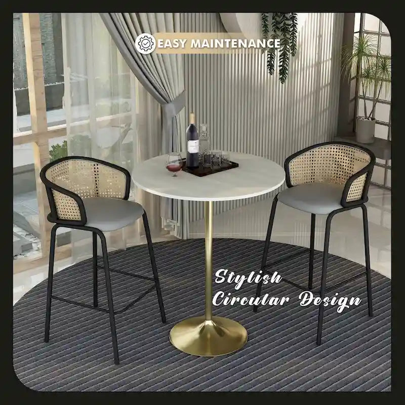 LeisureMod Verve 36 Round Dining Table with MDF Wood TableTop and Brushed Gold Base for Kitchen & Dining Room