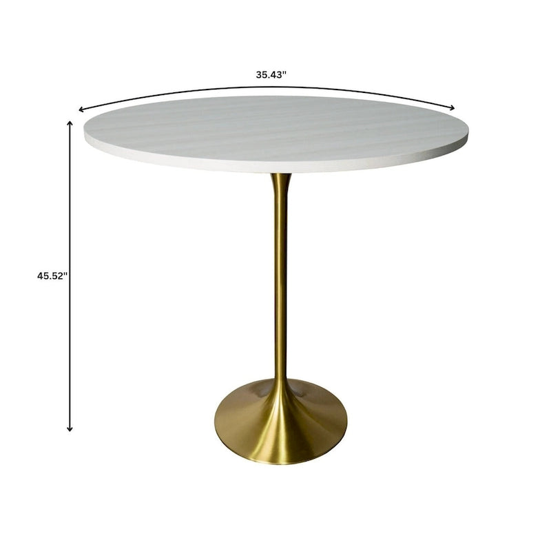LeisureMod Verve 36 Round Dining Table with MDF Wood TableTop and Brushed Gold Base for Kitchen & Dining Room