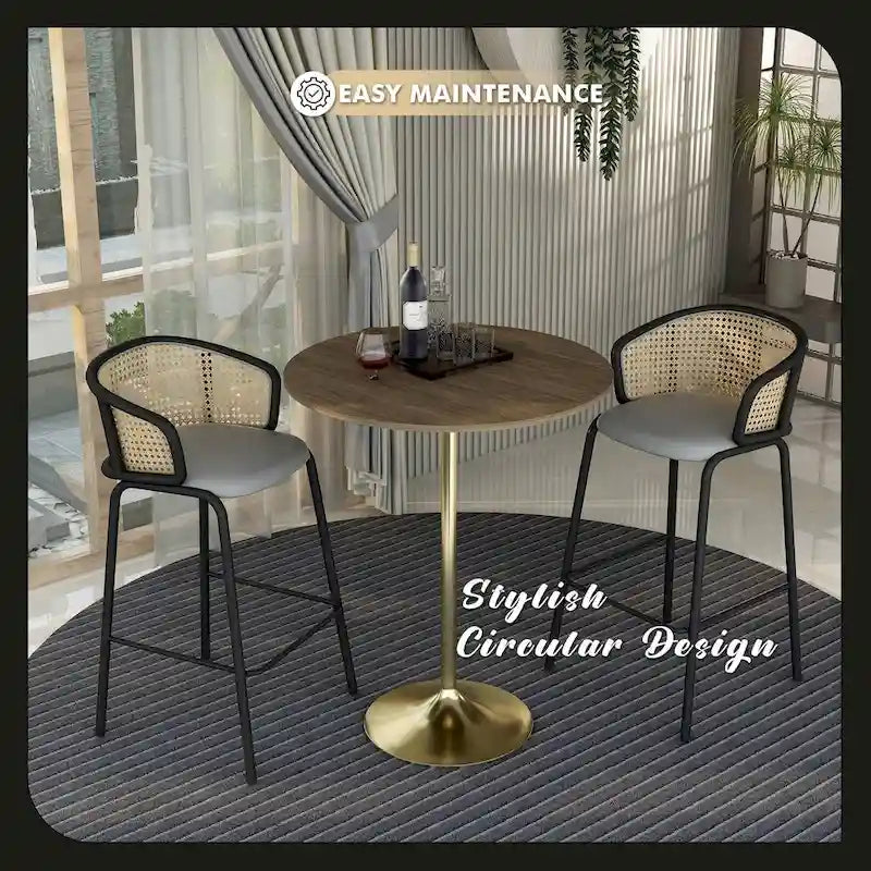 LeisureMod Verve 36 Round Dining Table with MDF Wood TableTop and Brushed Gold Base for Kitchen & Dining Room