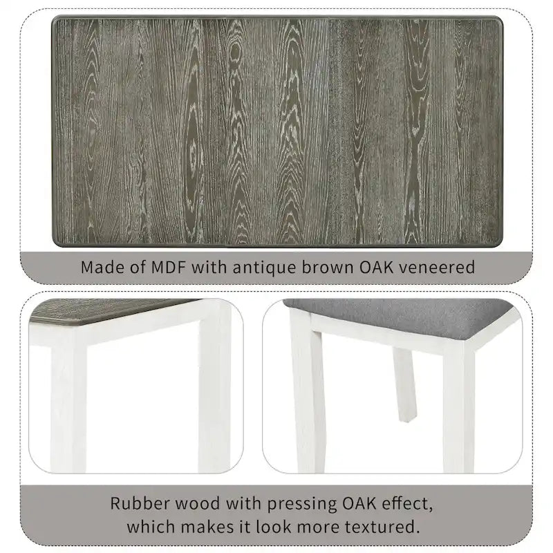 Retro Style 7-Piece Dining Table Set with Extendable Table and 6 Upholstered Chairs (Antique Brown+White)