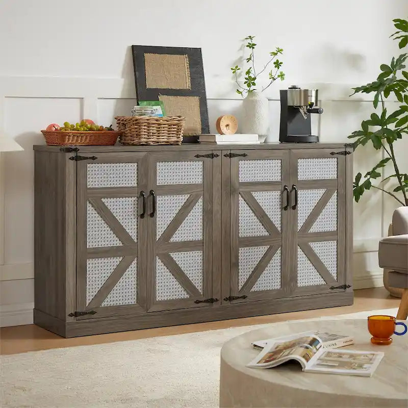 65-Inch Slate Gray Faux Rattan Sideboard with Barn Doors Rustic Sideboard,4-Door Storage for Living Room,Entryway,Dining Room