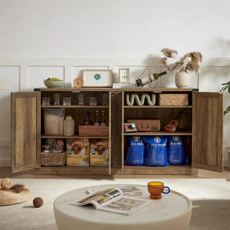 65-Inch Slate Gray Faux Rattan Sideboard with Barn Doors Rustic Sideboard,4-Door Storage for Living Room,Entryway,Dining Room