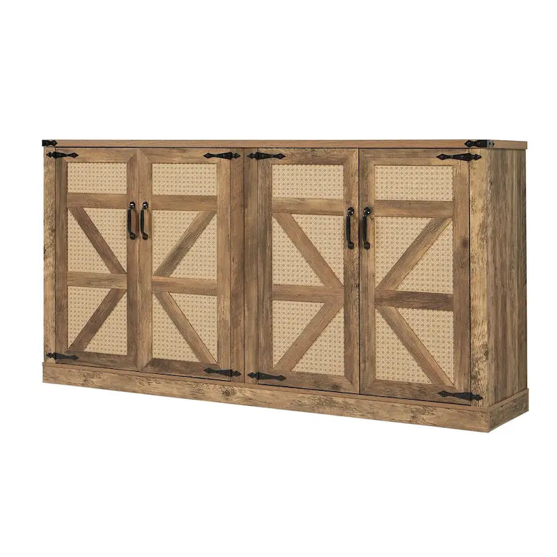 65-Inch Slate Gray Faux Rattan Sideboard with Barn Doors Rustic Sideboard,4-Door Storage for Living Room,Entryway,Dining Room