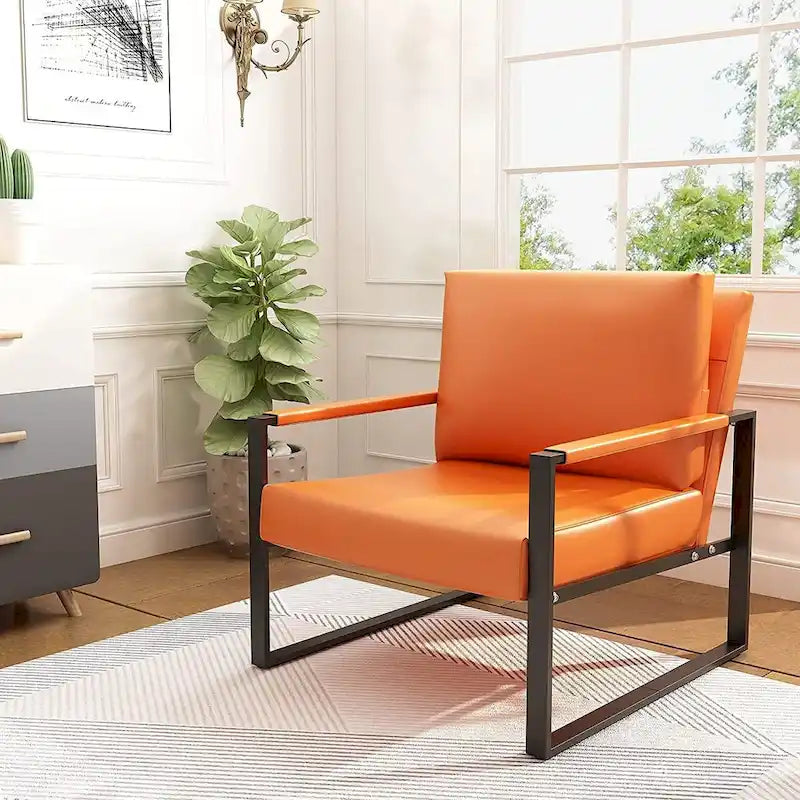 Modern Orange PU Leather Arm Chair with Extra-Thick Padded Back Cushion, Single Sofa Accent Chair for Living Room