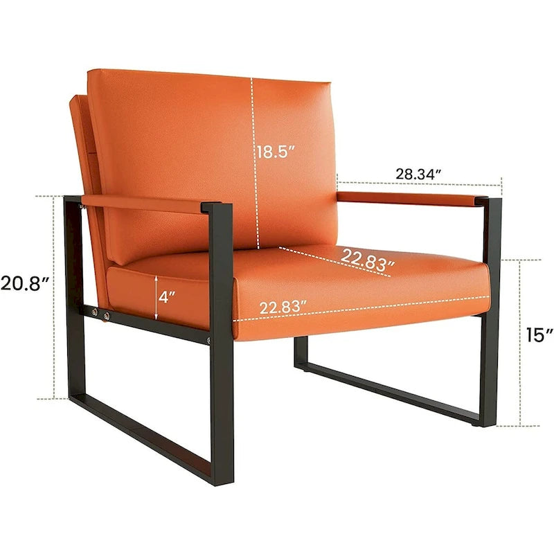 Modern Orange PU Leather Arm Chair with Extra-Thick Padded Back Cushion, Single Sofa Accent Chair for Living Room