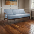 Rica 73 Inch Sofa, Soft Blue Gray Velvet, Walnut Brown Solid Rubberwood