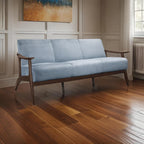 Rica 73 Inch Sofa, Soft Blue Gray Velvet, Walnut Brown Solid Rubberwood