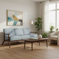 73 Inch Sofa, Soft Blue Gray Velvet, Walnut Brown Solid Rubberwood