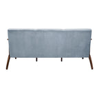 Rica 73 Inch Sofa, Soft Blue Gray Velvet, Walnut Brown Solid Rubberwood