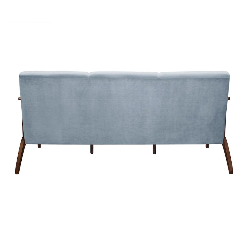 Rica 73 Inch Sofa, Soft Blue Gray Velvet, Walnut Brown Solid Rubberwood