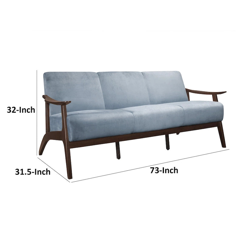 Rica 73 Inch Sofa, Soft Blue Gray Velvet, Walnut Brown Solid Rubberwood