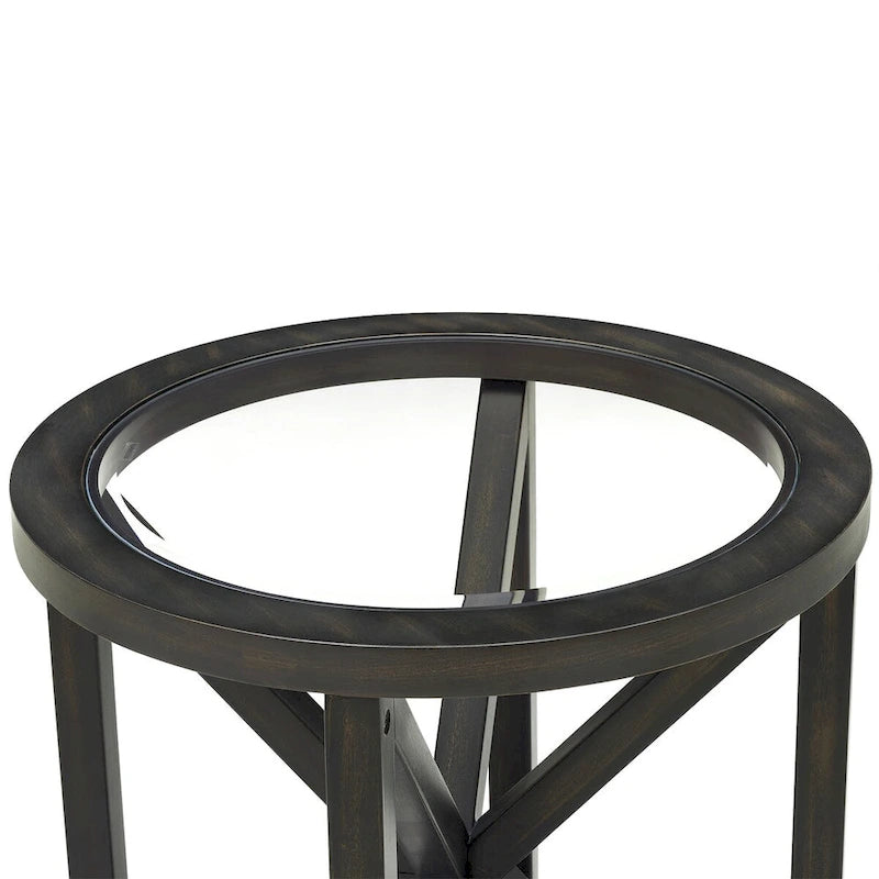 Tempered Glass Coffee Table Solid Wood Base Round Transparent Glass Top