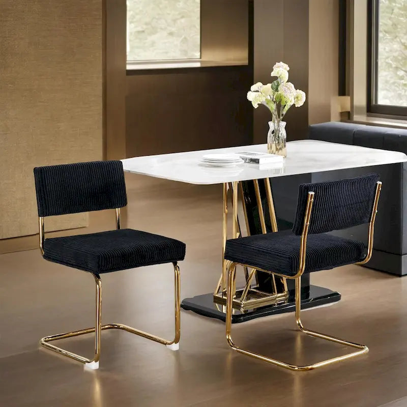 Modern Dining Chairs with Corduroy Fabric,Gold Metal Base, Kitchen Chairs with Channel Tufting, Side Chairs, Set of 2