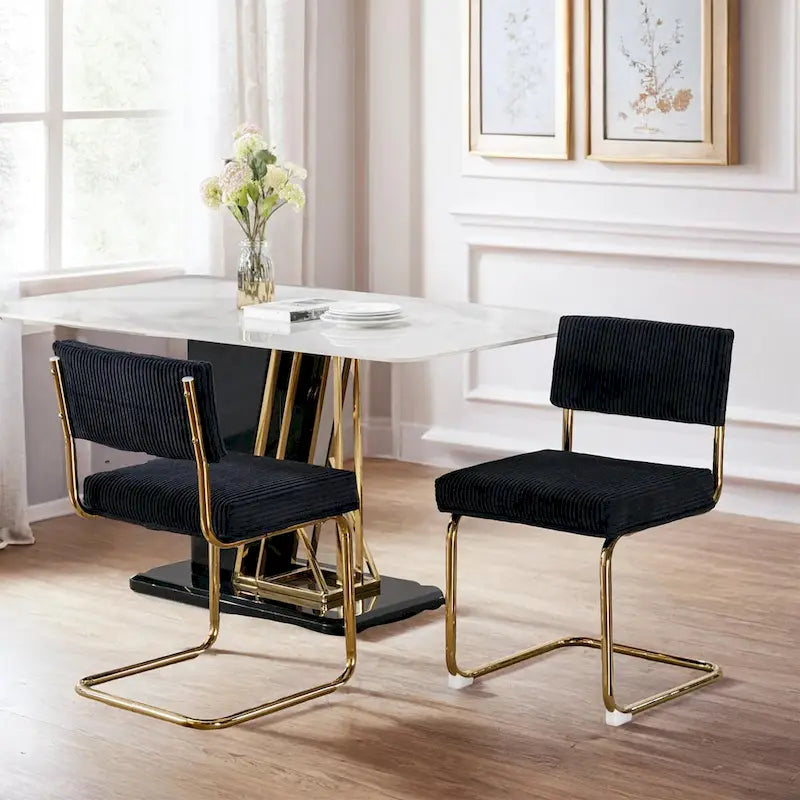 Modern Dining Chairs with Corduroy Fabric,Gold Metal Base, Kitchen Chairs with Channel Tufting, Side Chairs, Set of 2