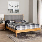 Jaiana Mid-Century Grey Fabric and Oak Brown Wood Queen Size Bed