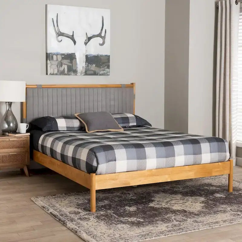 Jaiana Mid-Century Grey Fabric and Oak Brown Wood Queen Size Bed