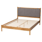 Jaiana Mid-Century Grey Fabric and Oak Brown Wood Queen Size Bed