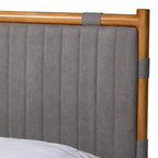 Jaiana Mid-Century Grey Fabric and Oak Brown Wood Queen Size Bed