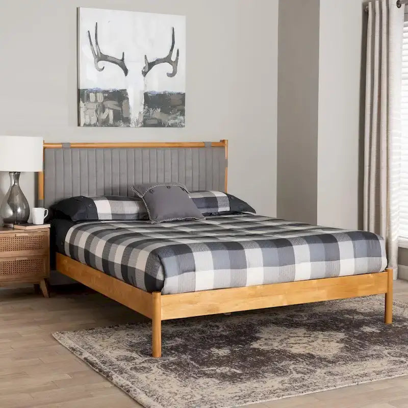Jaiana Mid-Century Grey Fabric and Oak Brown Wood Queen Size Bed
